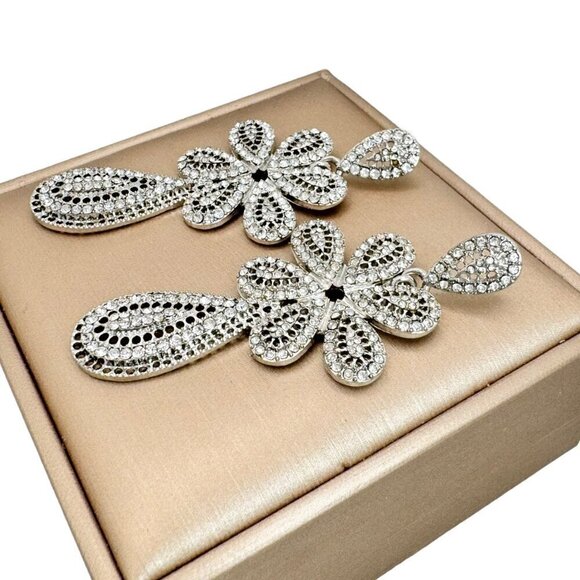 Women’s Silver Rhinestone Paved Flower Chandelier Large Drop Dangle Earrings - Picture 6 of 8